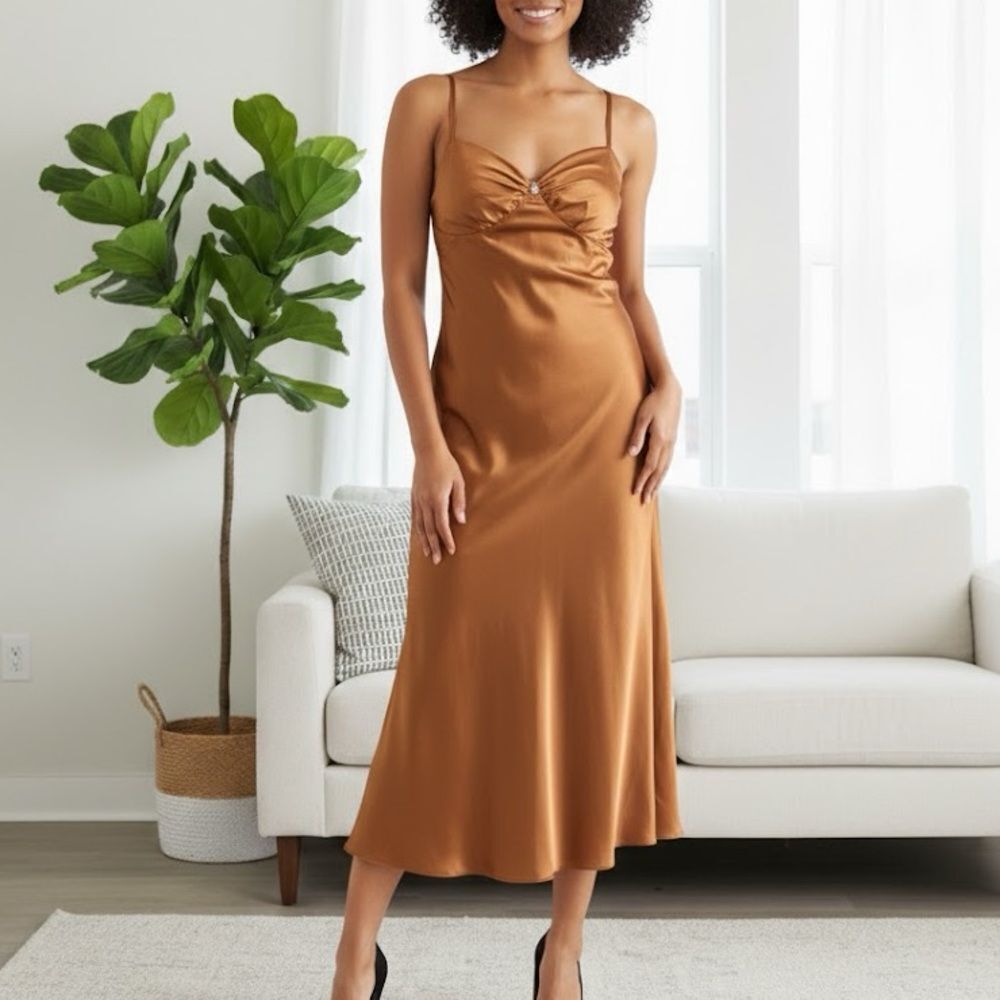 Seductive Wear by Cinema Etoile Bronze Satin Chemise Slip Size L